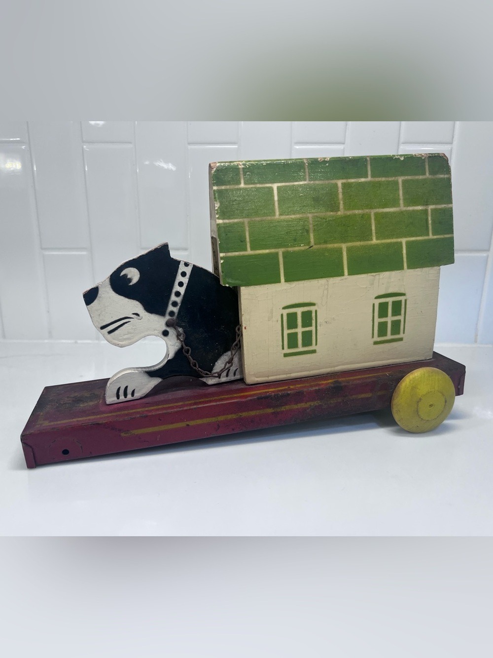 Vintage Wood Pull Toy Moving Dog From Dog house Hustler 1920s